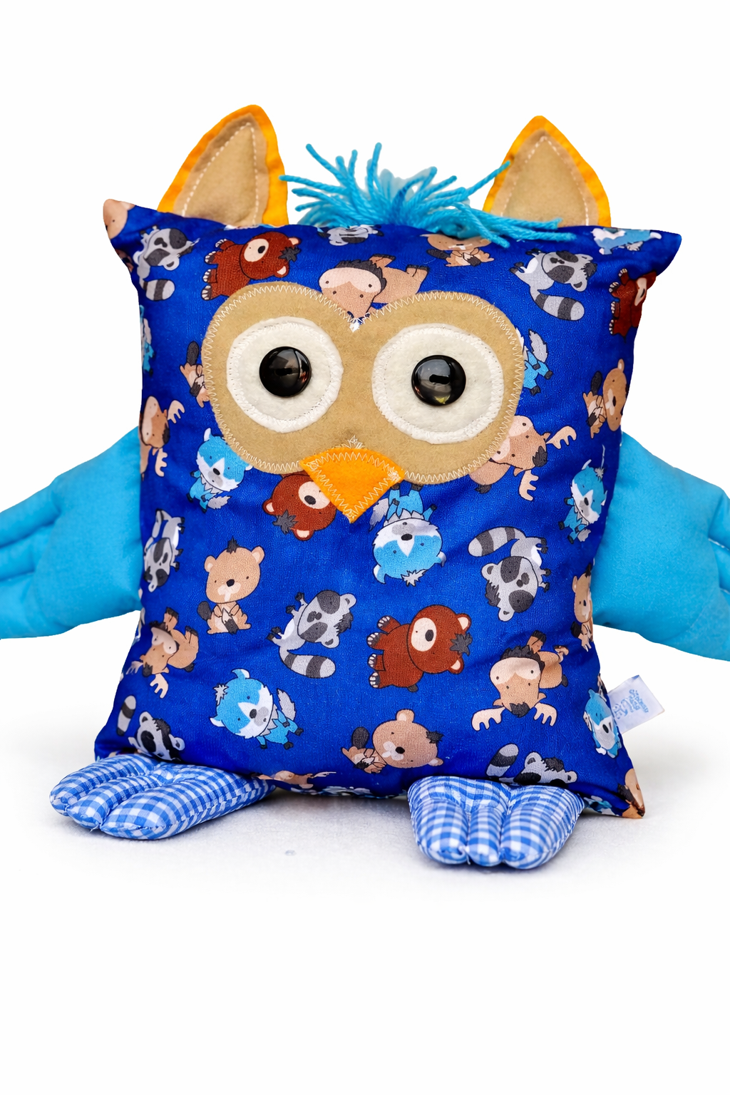 Buhi Amigos — almohada búho azul con perritos, ositos y mapaches tiernos