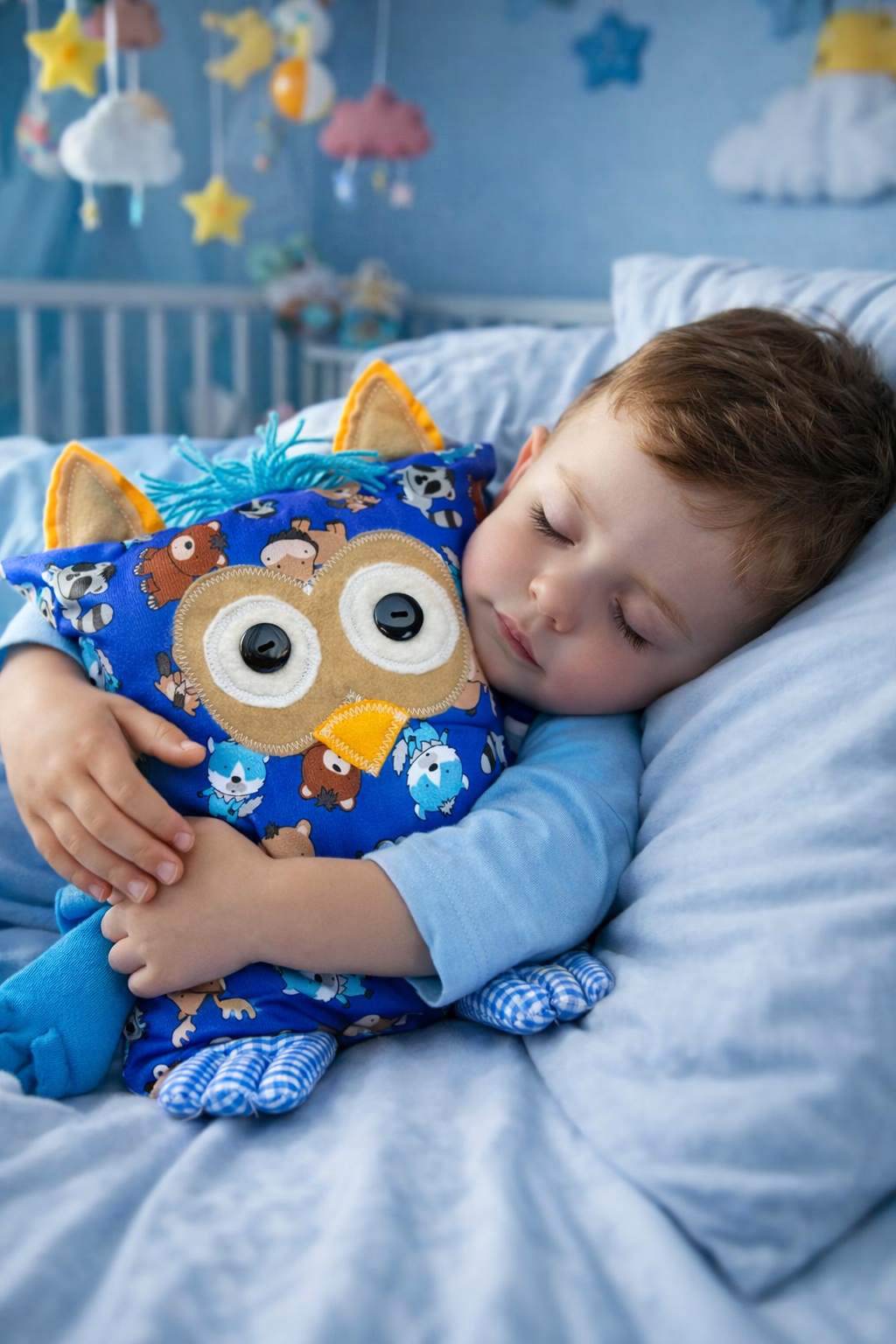 Niño durmiendo abrazando a su Buhi Abrazo azul con animalitos tiernos