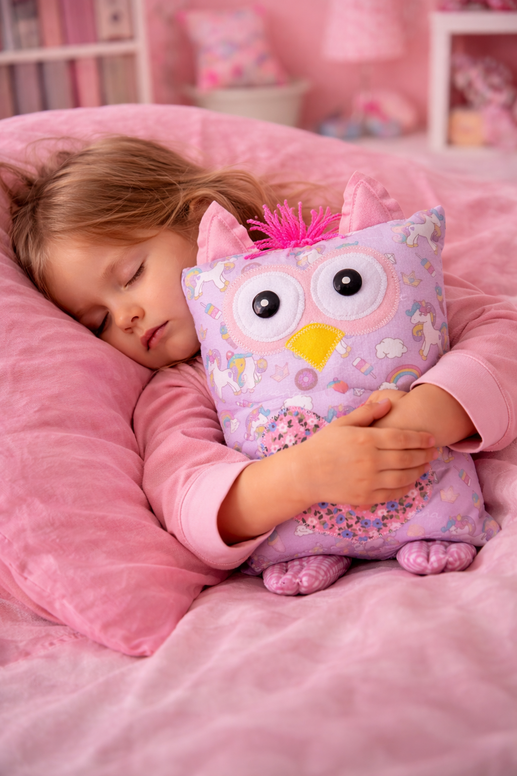 Niña durmiendo abrazando a su Buhi Abrazo rosa unicornio