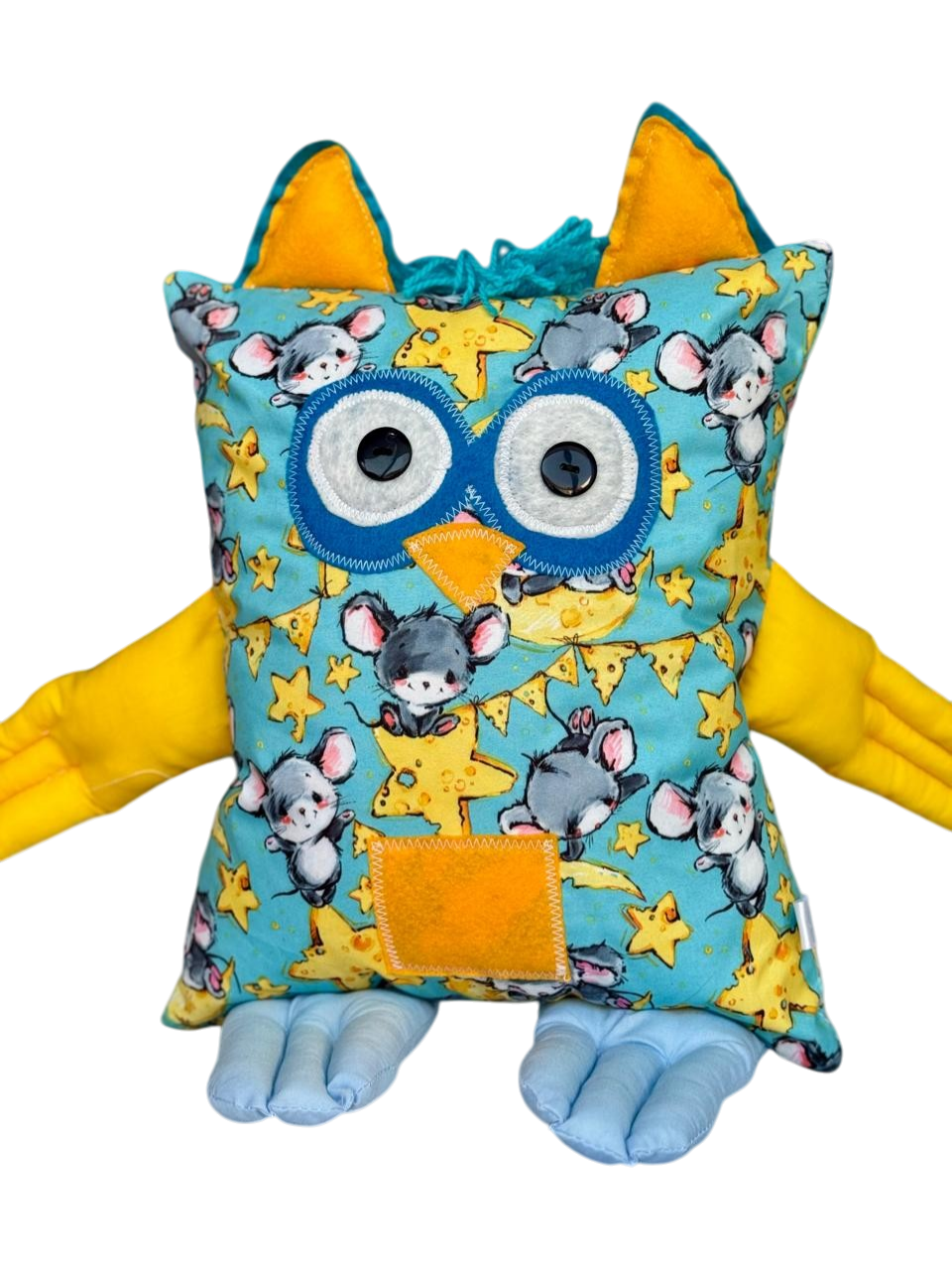 Buhi Estrellado — almohada búho turquesa con ratoncitos y estrellas doradas