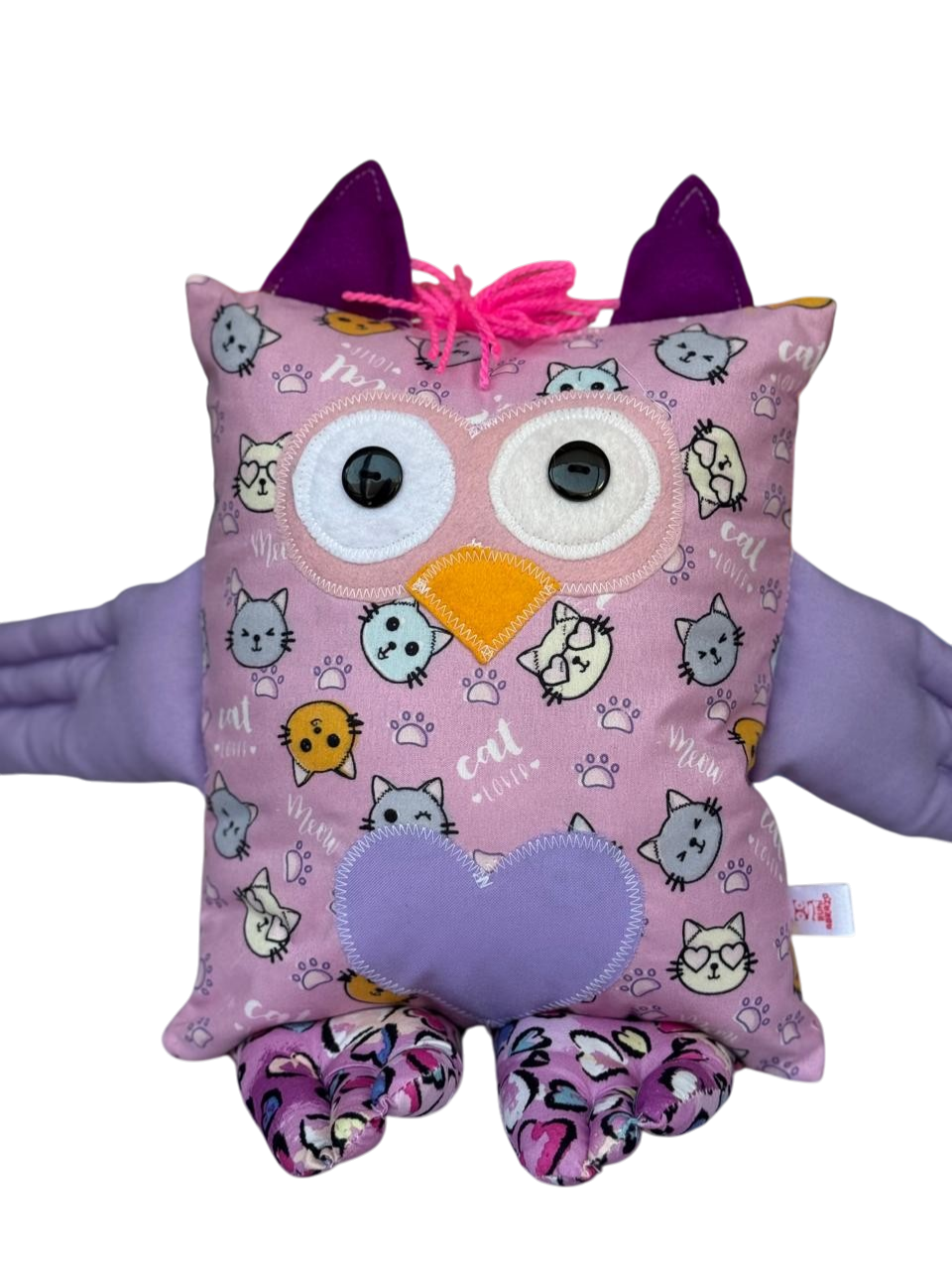 Buhi Gatito — almohada búho lila suave con estampado de gatitos y huellas