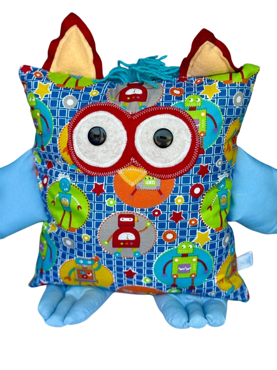 Buhi Robot — almohada búho azul intenso con robots, alienígenas y cohetes de colores
