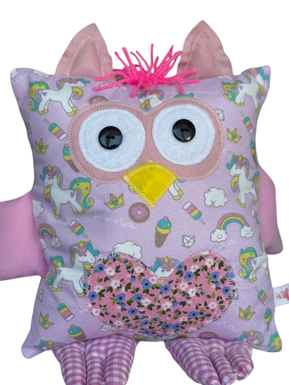 Buhi Unicornio — almohada búho rosa pastel con estampado de unicornios y arcoíris